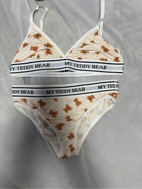 POP UNDERWEAR Beige Teddy Bear Print Bralette & underwear